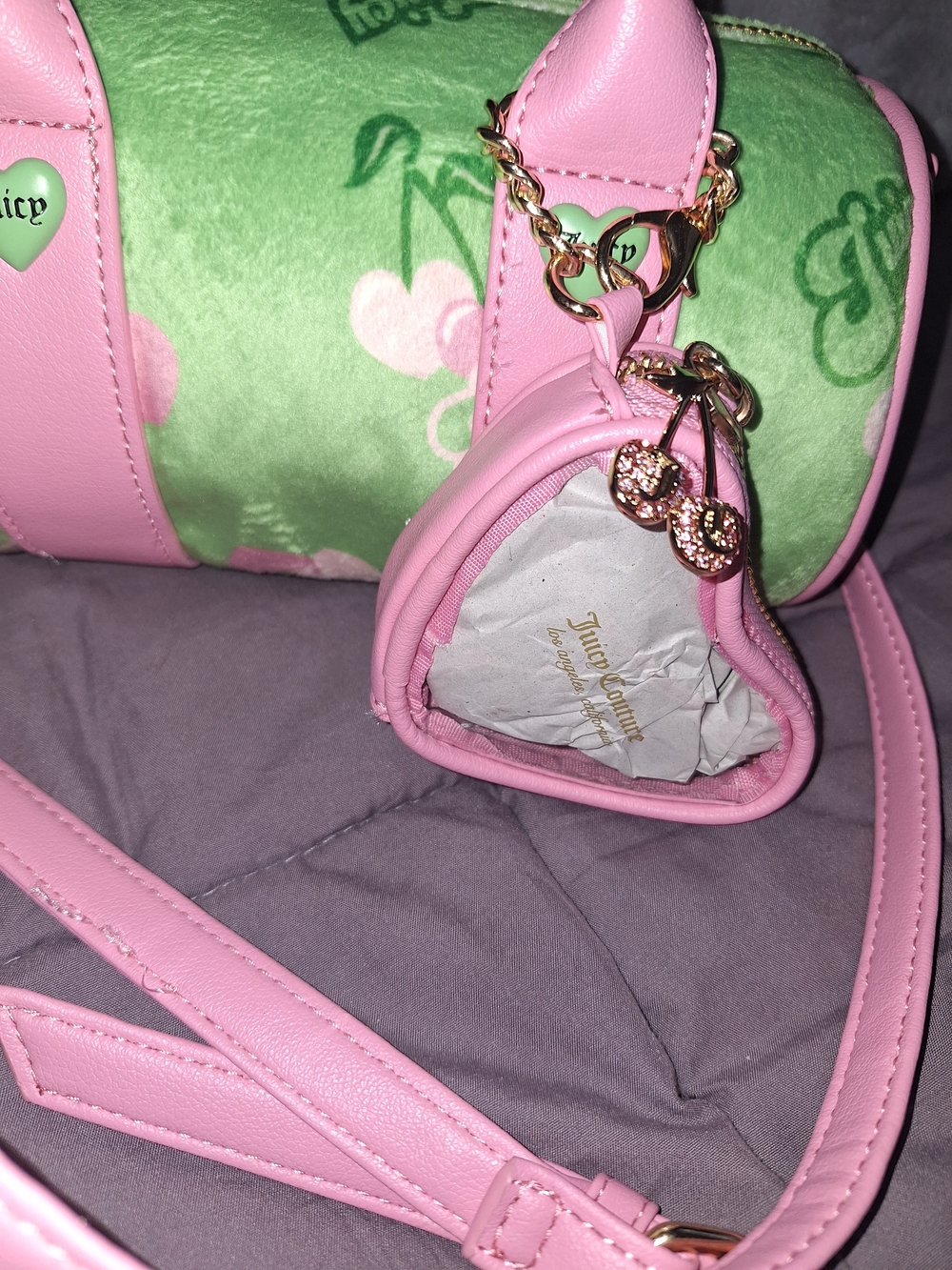 EXCLUSIVE Juicy Couture Green Velvet Mini Barrel Bag with Pink Trim - Picture 2 of 6